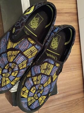 Vans Kids Slip-On Sneakers in Yellow, Blue & Black Spiderweb Motif